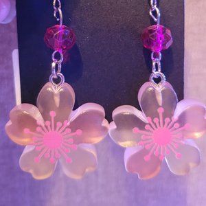Flower Resin Pink earrings with 925 Sterling Silver hooks, glass bead